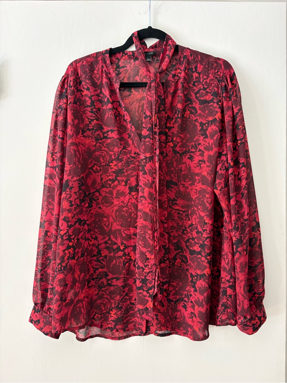 Ann Taylor Red and Black Floral Tie-Neck Blouse
